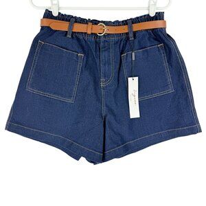 Vigoss Womens Stretch High Rise Belted Paperbag Blue Denim Shorts Size 13/31 NWT